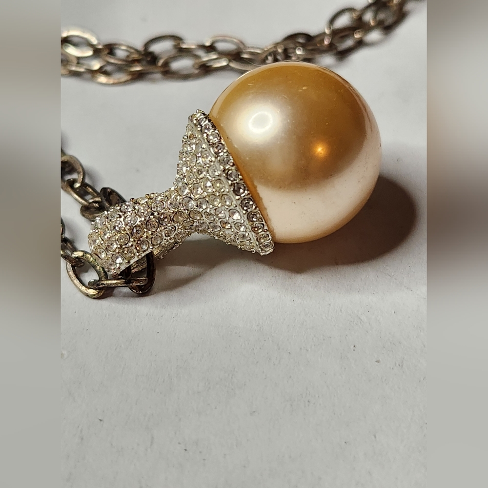 Vintage Mid Century Cezanne Signed Large Faux Pearl Rhinestone Pendant Necklace - Picture 4 of 5